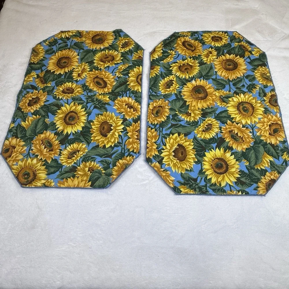 Set of 2 Sunflower Placemats Blue Yellow Floral Fabric 17x23 Farmhouse Decor